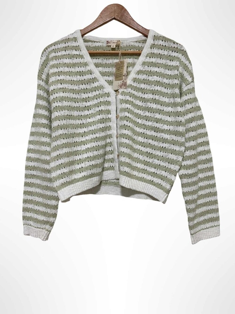 HEM & THREAD Open Knit Long Sleeve Striped Cardigan Green White NWT